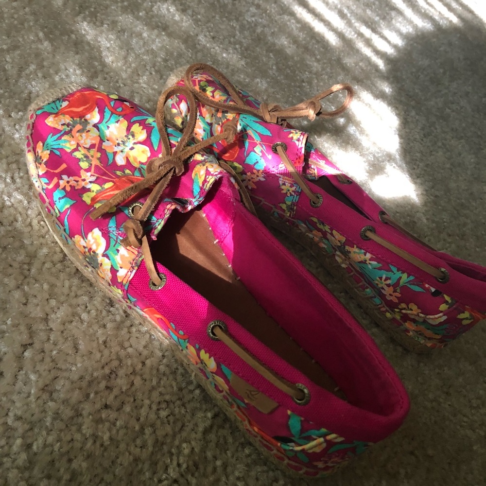 Pink Floral, slip on Sperrys, with tan laces